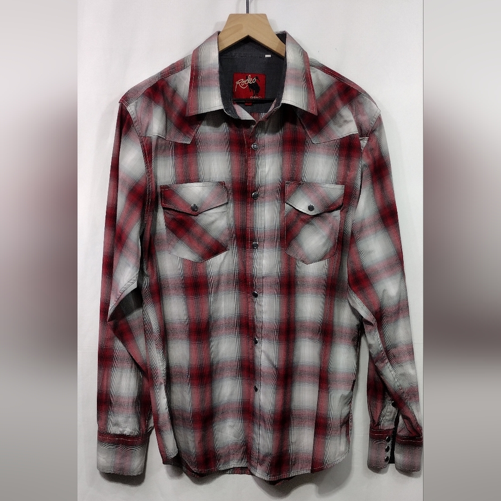 Rodeo Clothing Co. Plaid Western Pearl Snap Button Shirt Mens L Red White Cowboy